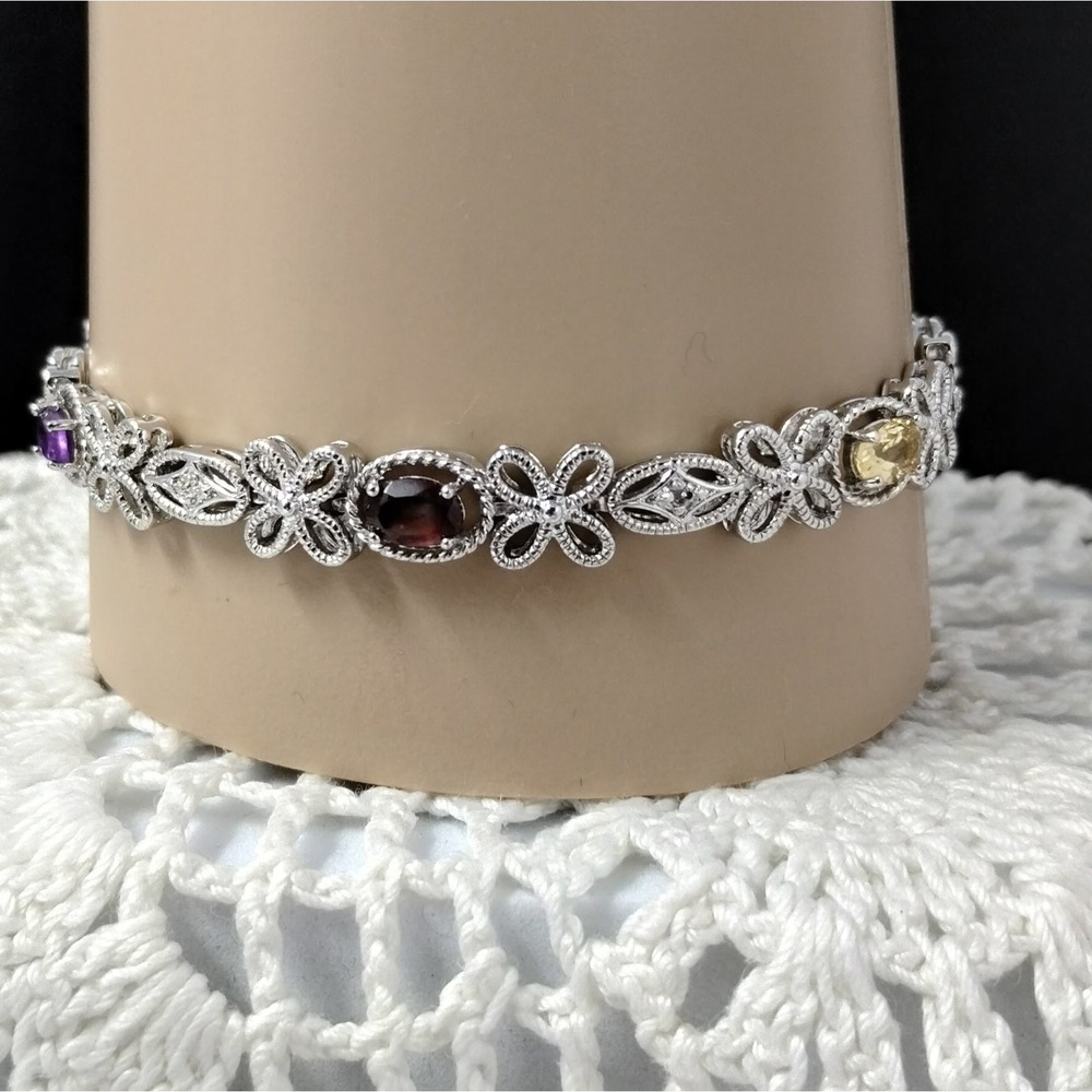 Gemstone Bracelet Sterling Silver Flower Link Multi Color Gemstone Bracelet